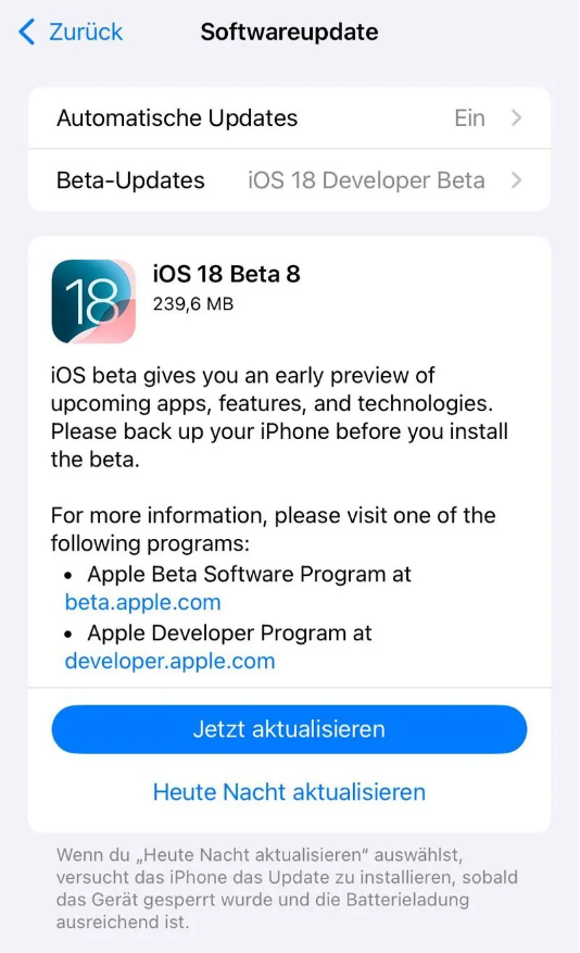 莘县苹果手机维修分享苹果 iOS / iPadOS 18 开发者预览版 Beta 8 发布 